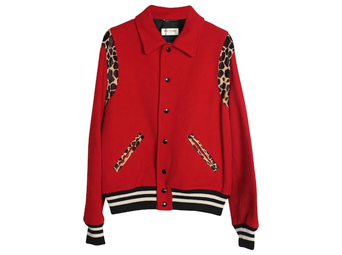 Saint Laurent Leopard-Trimmed Teddy Bomber Jacket in Red Lana Vergine Wool  ref.861528