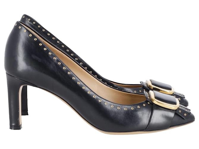 Zapatos de tacón con flecos y hebilla de Salvatore Ferragamo en cuero negro  ref.861601