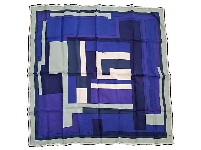 Emilio Pucci Silk Small Scarf from the 2000S. Black White Blue Multiple colors Purple Navy blue Light blue Dark blue Dark purple