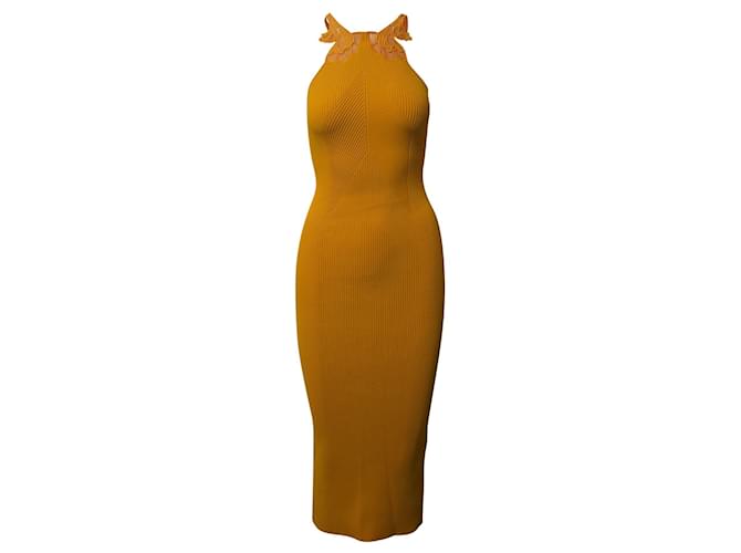Self Portrait Lace Insert Knit Midi Dress in Yellow Viscose Cellulose fibre  ref.861707