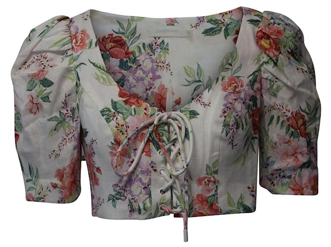Zimmermann Bellitude Cropped Lace-Up Floral Top aus weißem Leinen  ref.861765