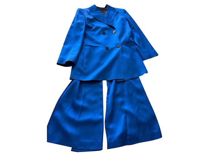Massimo Dutti blazer de costume en satin à boutonnage doublé Bleu  ref.861882