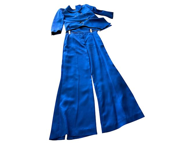 Massimo Dutti Wide-leg satin suit trousers with slits Azul Cetim  ref.861883