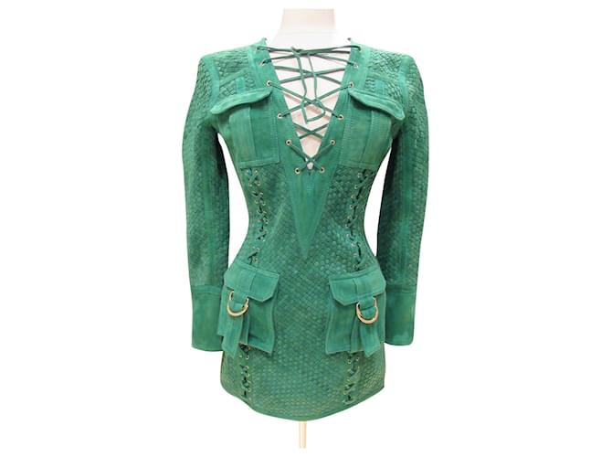 Balmain green suede woven dress  ref.862068