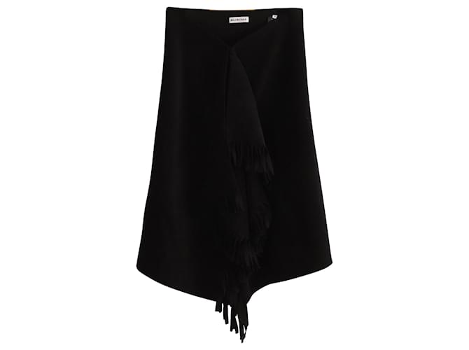 Balenciaga Asymmetrischer Midirock mit Fransen aus schwarzer Wolle  ref.862208