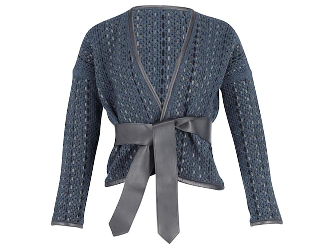 Manteau Hermès Wrap Tricoté en Cuir Bleu Marine et Noir Multicolore  ref.862256