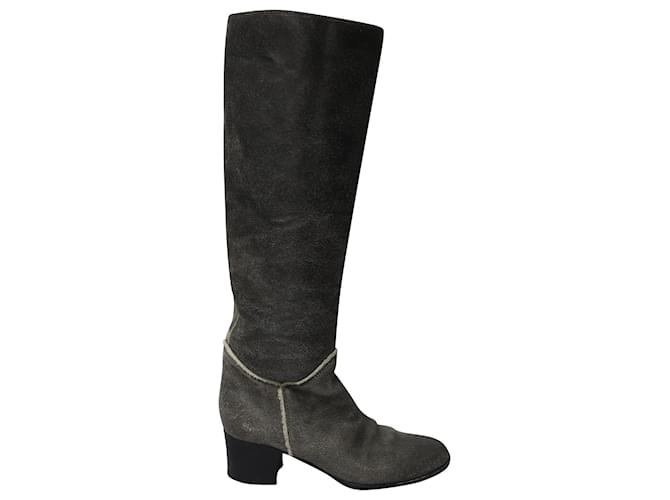 Chanel Textured Shearling Lining Boots in Black Leather Grey  ref.862287