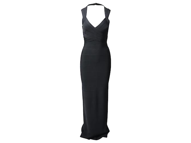 Herve Leger Icon Open Back Bandage abito lungo in rayon nero Raggio Fibra di cellulosa  ref.862295