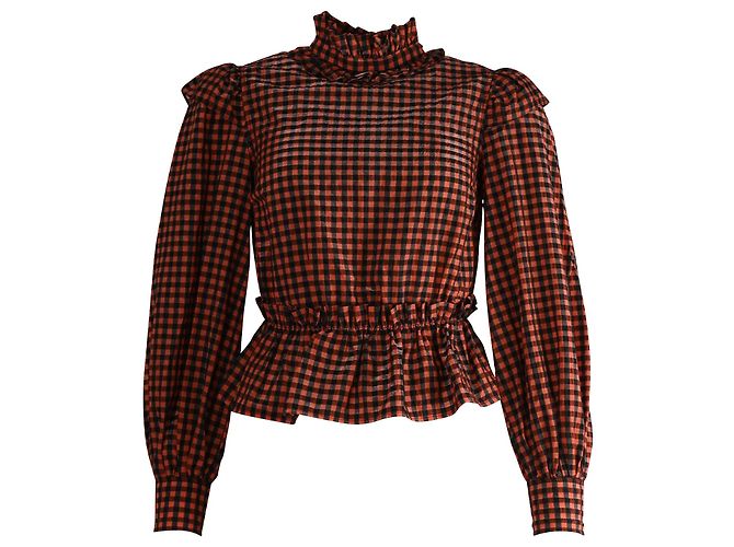 Ganni Seersucker Check Blouse in Multicolor Polyester