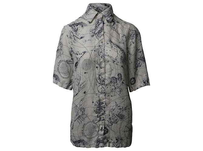 Acne Studios Zodiac Printed Short Sleeve Button Front Shirt in White and Black Linen   ref.862340