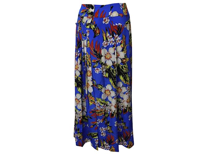 Diane Von Furstenberg  Floral Print Wrap-Around Maxi Skirt in Blue Silk  ref.863383