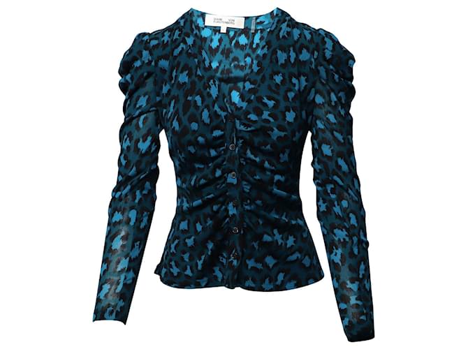 Diane Von Furstenberg Blusa Gladys com estampa de leopardo em nylon azul  ref.863395