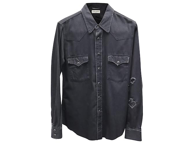 Camicia western in denim effetto consumato Saint Laurent slim fit in cotone nero  ref.863416