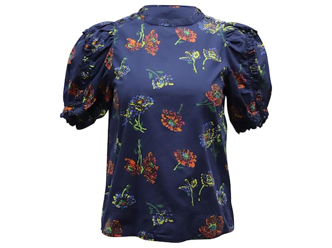 Ulla Johnson Floral Top with Puff Sleeves in Navy Blue Cotton   ref.863431
