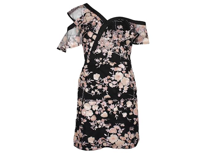 Self portrait Self-Portrait Floral Asymmetric Sleeve Mini Dress in Black Polyester  ref.863469