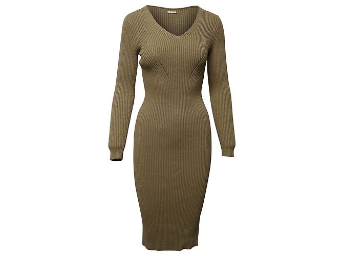Michael Kors Tailliertes, geripptes Strick-Midikleid in Metallic-Gold-Viskose Golden Metallisch