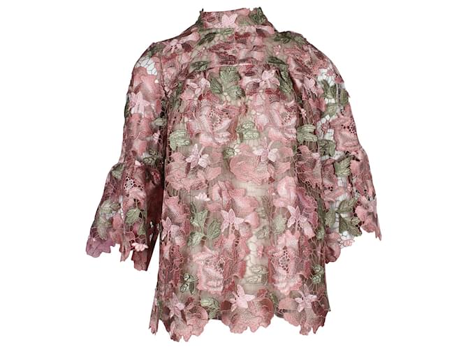 Anna Sui Mock Neck Floral Lace Blouse in Pink Polyester  ref.863614
