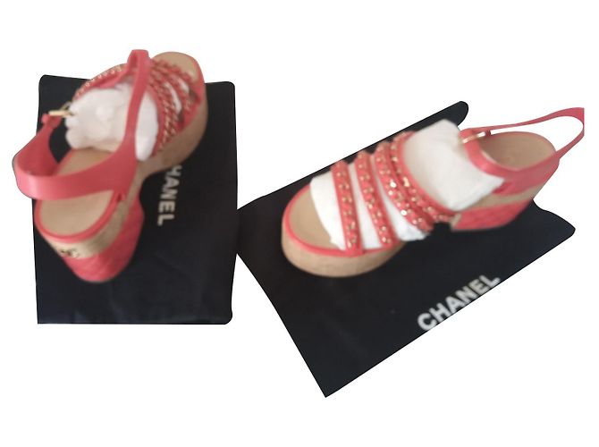 Cambon Chanel Riemchensandalen Rot Korkabsatz Größe 39 Pink