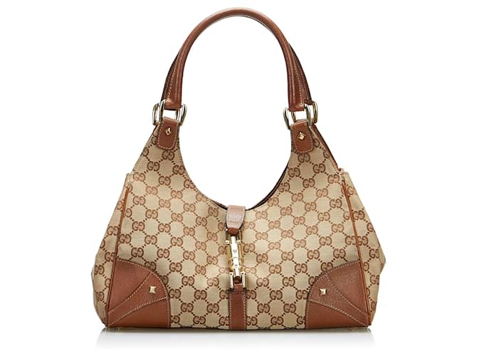 Gucci Brown GG Canvas Nailhead Jackie O Beige Leather Cloth Pony-style calfskin Cloth  ref.864411