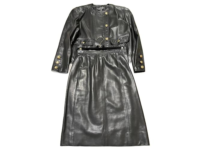Vintage Chanel 1980's Leather Skirt Jacket Suit Set FR 42 Black