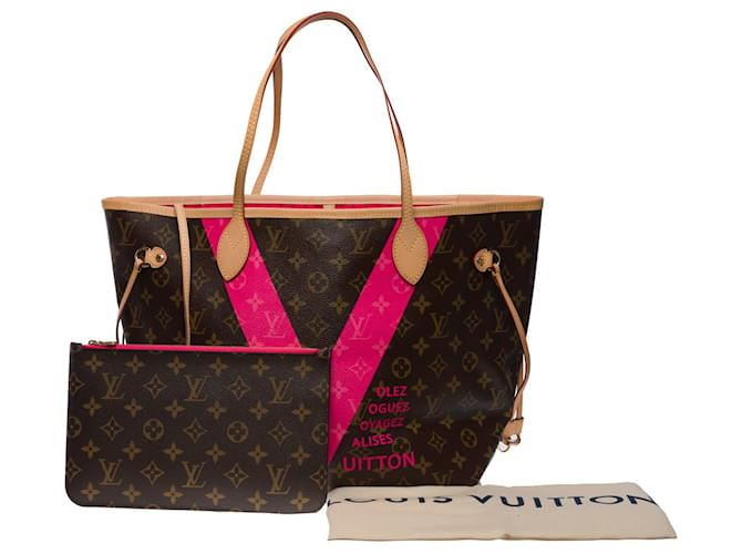 Louis Vuitton Neverfull MM Pouch Pink Lining Brown Leather ref