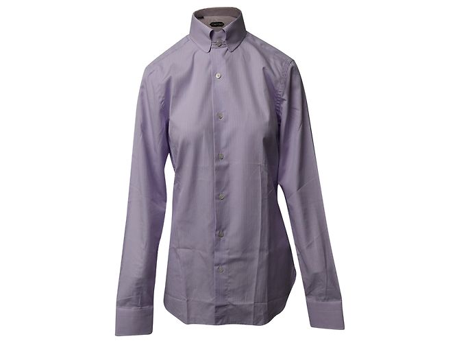 Camisa de manga larga con botones a rayas en algodón morado de Tom Ford
