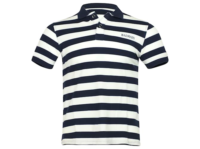 Camisa pólo listrada Balmain em algodão azul e branco  ref.864746