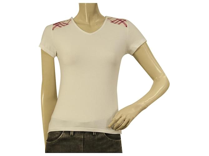 Burberry White Pink Check Shoulder Fitted T- Shirt Top 14 yrs girl or Women XS Cotton  ref.865467