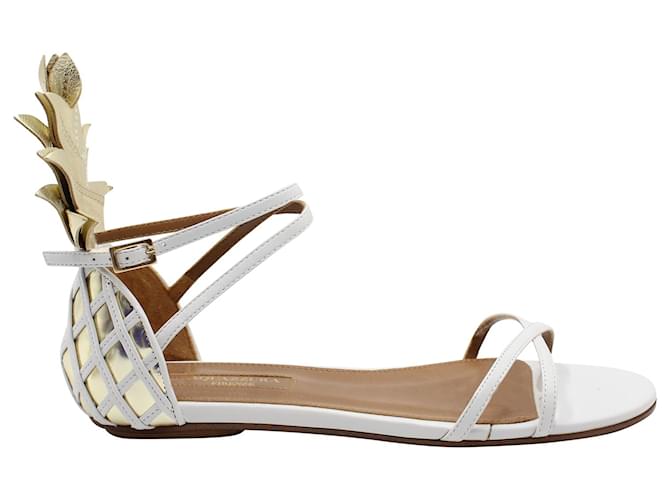 Aquazzura Sandales Plates Pina Colada en Cuir Blanc  ref.868565