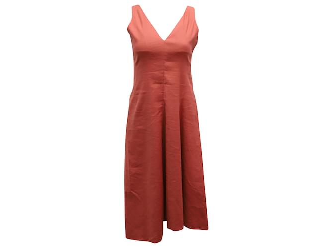 Theory Slip V-neck Midi Dress in Red Orange Linen   ref.868617