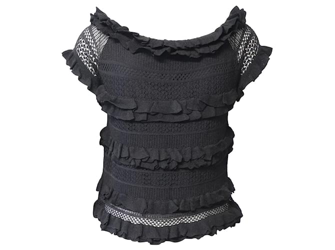 Polo Ralph Lauren Off-The-Shoulder Knitted Ruffle Top in Black Viscose Cellulose fibre  ref.868706