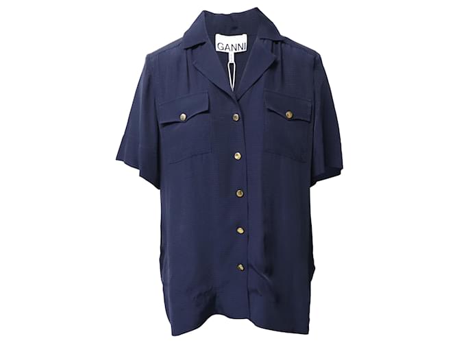 Ganni Button-Down Short-Sleeved Shirt in Navy Blue Viscose Cellulose fibre  ref.868728