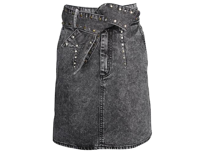 Sandro Paris Fredie Belted Embellished Acid-wash Denim Mini Skirt in Grey Cotton  ref.868861