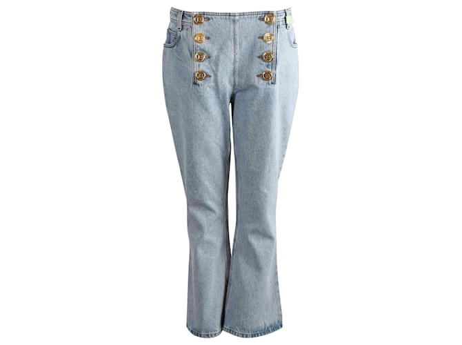 Jeans svasati a vita bassa impreziositi Balmain in cotone azzurro Blu Blu chiaro  ref.868918