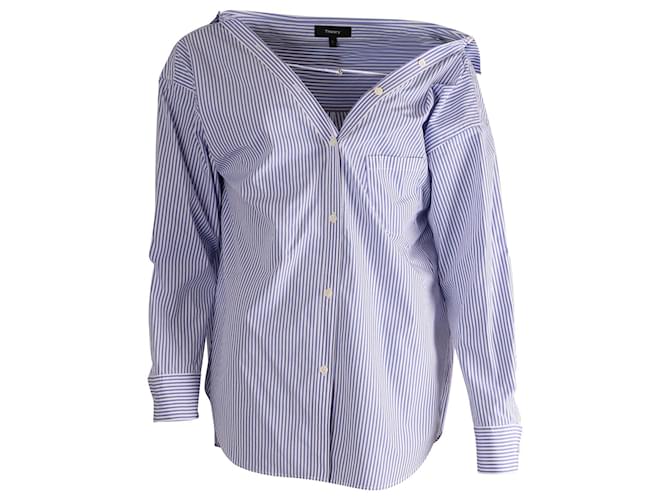 Theory Tamalee Off-the-Shoulder Button-Up-Hemd aus hellblauer und weißer Baumwolle  ref.868929