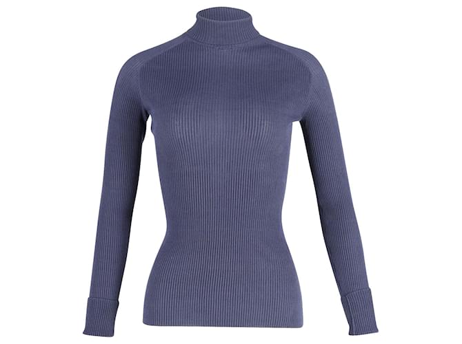 Victoria Beckham Turtleneck Ribbed Sweater in Navy Blue Silk  ref.869016