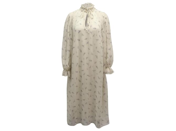 Ganni Pleated Floral Print Midi Dress in Cream Polyester  White  ref.869017
