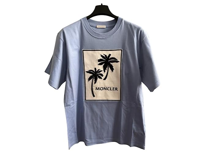 Moncler Besticktes T-Shirt Hellblau Baumwolle  ref.869170