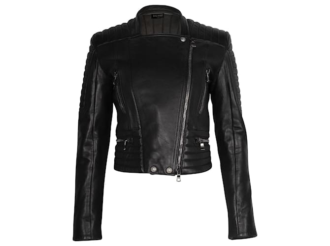 Balmain Quilted Biker Jacket in Black Lambskin Leather  ref.869546