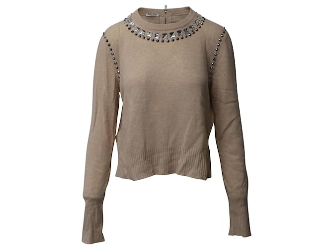 Miu Miu Embellished Long Sleeve Sweater in Brown Wool   ref.869549