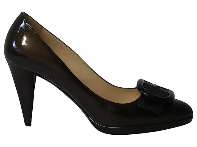 Prada Buckle Embellished Pumps in Brown Patent Leather   ref.869611