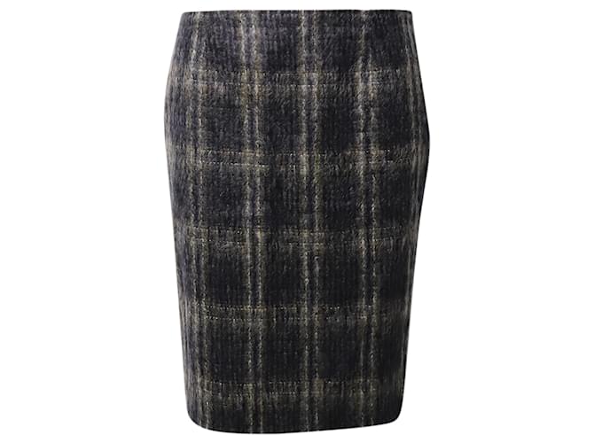 Max Mara Plaid Knee-Length Skirt in Grey Mohair Wool  ref.869650