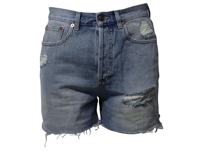 Pantalones cortos de mezclilla desgastados con bordado de gato Gucci en algodón azul  ref.869661