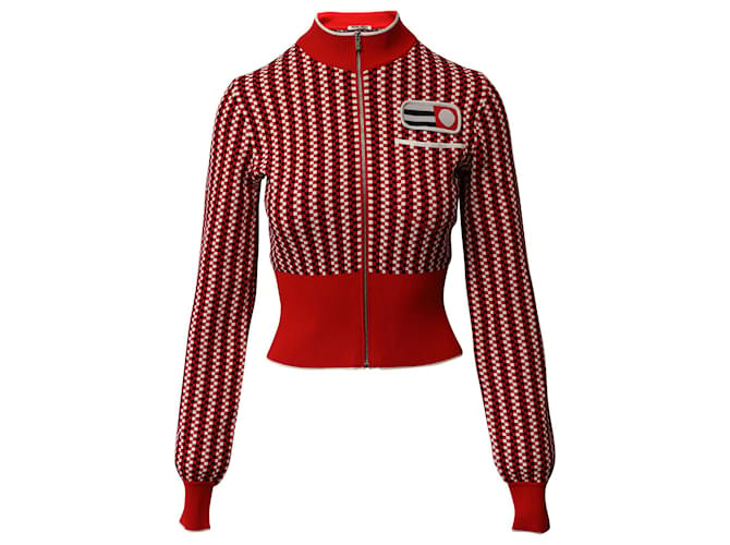 Miu Miu Cropped Appliqued Checked Knitted Cardigan in Red Viscose Cellulose fibre  ref.869662