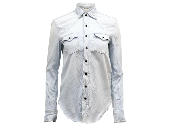 Saint Laurent Classic Western Distressed Button Front Shirt in Washed Light Blue Cotton Denim   ref.869731