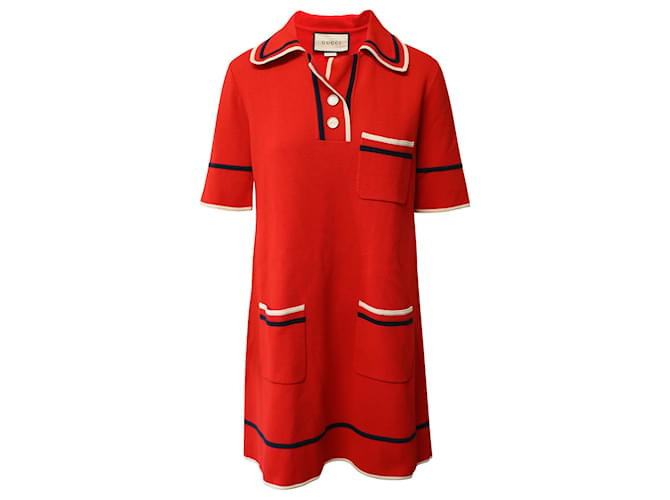 Gucci Trimmed Fine-Knit Polo Dress in Red Cotton  ref.869777