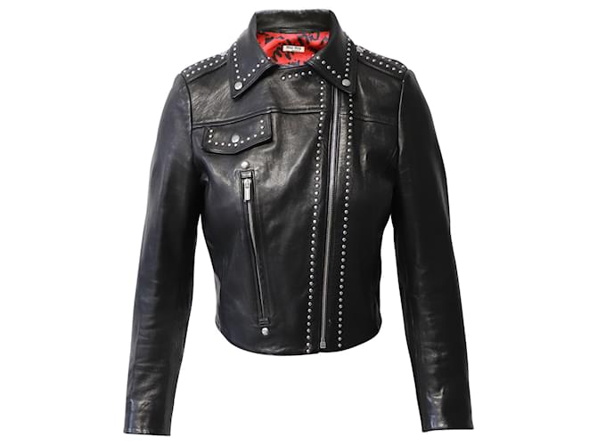 Miu Miu Studded Cropped Biker Jacket in Black Leather  ref.869824