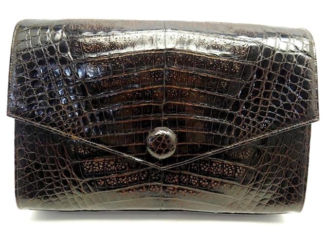 VINTAGE CHANEL POCHETTE HANDBAG IN BROWN CROCODILE LEATHER HAND POUCH CLUTCH Exotic leather  ref.869906