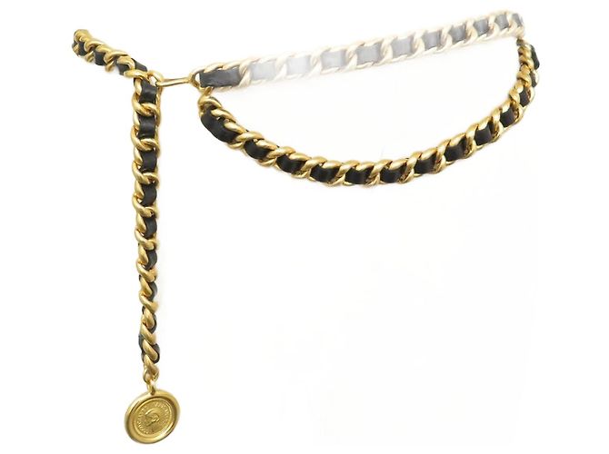 Medaillon CINTO CHANEL EM CORRENTE ENTRELAÇADA COM COURO 1995 MEDALHÃO DE COCO T75 NO 85 cinto Dourado