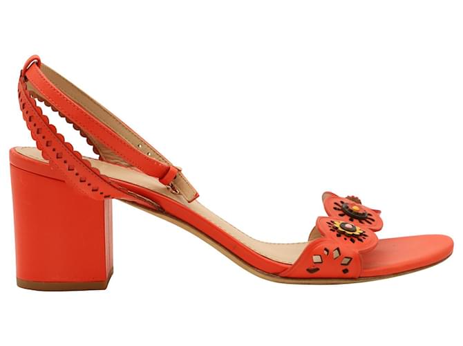 Tory Burch Marguerite Floral Cutout Mid Block Sandals in Red Leather  ref.870003